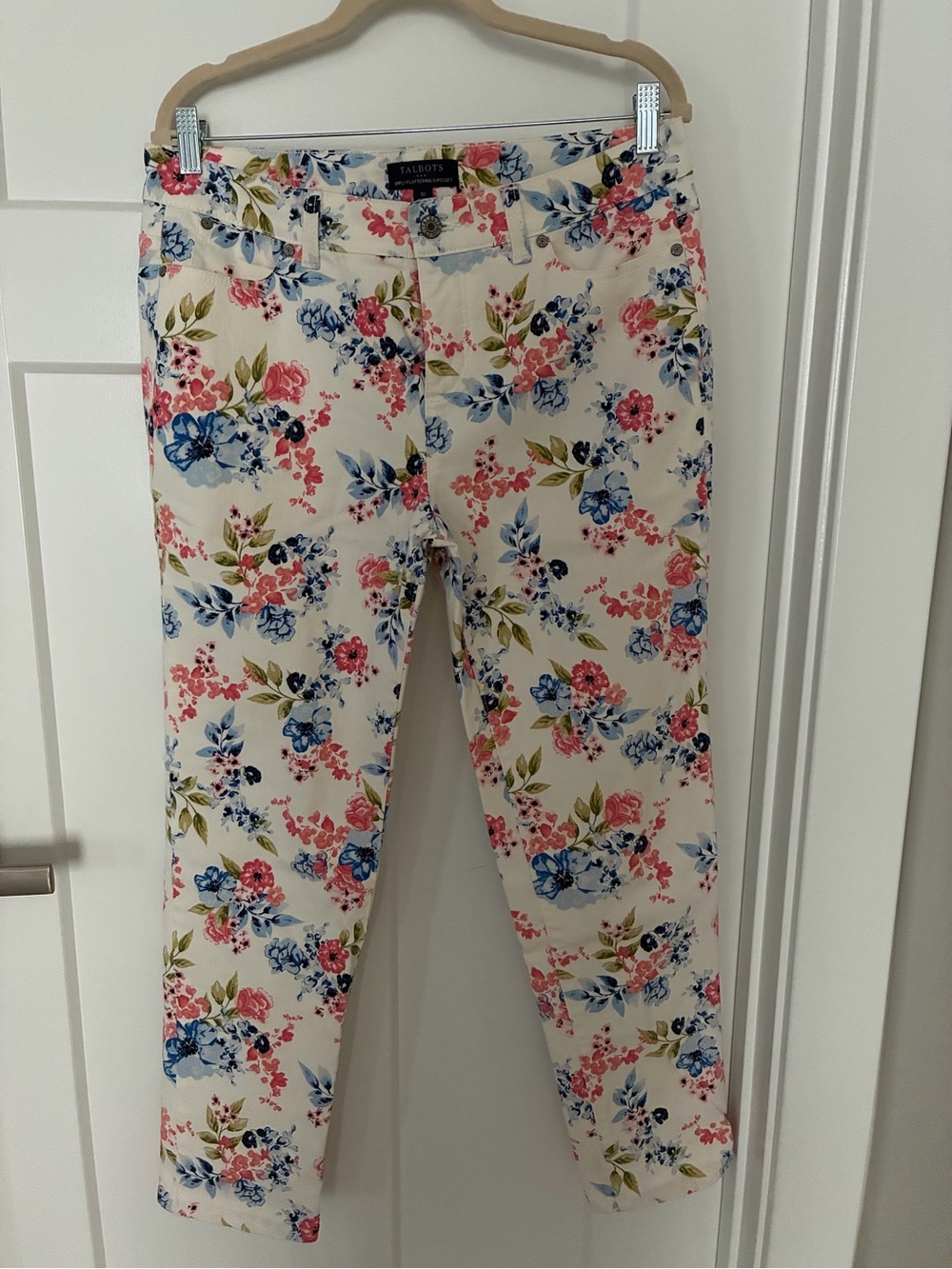 Talbots Cream Floral Ankle Pants with Pink & Blue Blooms